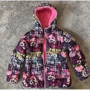 Protection System Girls Hooded Puffer Jacket 10/12 Purple Graffiti Sherpa Lined